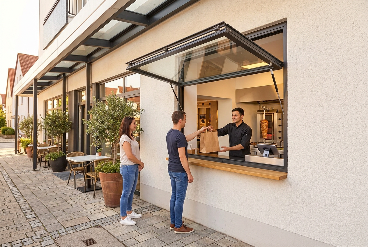 Konzept eines geöffneten Take-away-Ausgabefensters mit direkter Bedienung nach draußen
